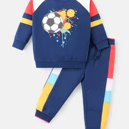 Babyhug Cotton Knit Raglan Sleeves T-Shirt & Lounge Pants Set With Football Print - Navy-picture-14
