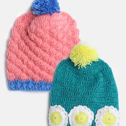 MayRa Knits Pack Of 2 Hand Knitted Floral Crochet Designed & Pom Pom Embellished Caps - Pink & Green-picture-15