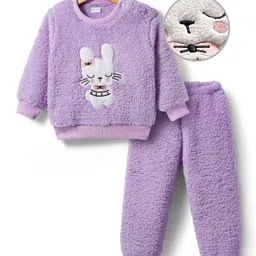 Mark & Mia Knit Full Sleeves Winter Wear Fur Sweatshirt & Lounge Pant Set with Bunny Embroidery - Purple-picture-30