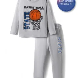Primo Gino 100% Cotton Knit Full Sleeves Co-ords Night Suit With Text Print - Grey-picture-10