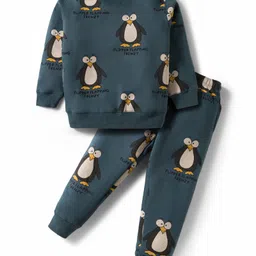Doreme Terry Knit Full Sleeves Co-Ord Winter Wear T-Shirt & Joggers Set with Penguin Print - Navy Blue-picture-12