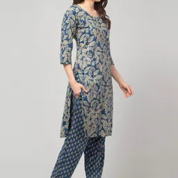 ERUDITE CLUB Women Floral Printed Regular Pure Cotton Kurta with Trousers image 4