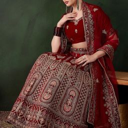 Suha Women Maroon Velvet Embroidered Unstitched Lehenga Choli-picture-1