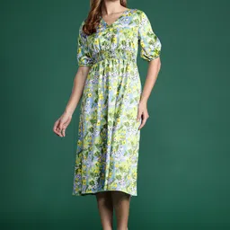 DressBerry Floral Print Puff Sleeve A-Line Midi Dress-image-19