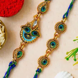 eCraftIndia Set of 2 Stone Studded Peacock Feather Thread Rakhis-picture-19
