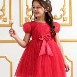 Mark & Mia Half Sleeves Party Frock With Bow Applique - Red-picture-14