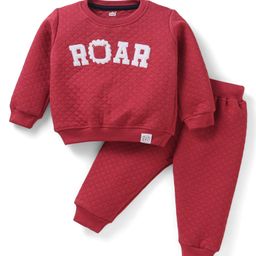 Simply Knit Full Sleeves Text Printed Winter Wear T-Shirt & Lounge Pant Set - Red-picture-48