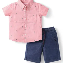 Babyhug Cotton Woven Half Sleeves Striped Shirt & Denim Shorts Set With Pineapple Print - Pink & Blue-picture-30