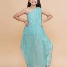 Piccolo Silk One Shoulder Pleated Solid Kurta & Floral Foil Printed Pant Set - Blue-picture-28