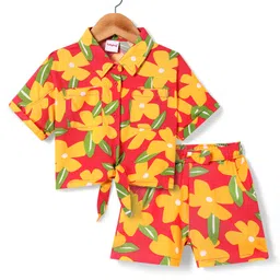 Babyhug Rayon Woven Half Sleeves Floral Printed Knotted Collared Top & Shorts Set - Orange-picture-15