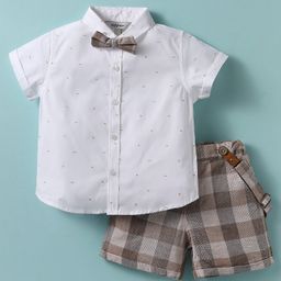 ToffyHouse Poplin Woven Half Sleeves Shirt & Shorts With Bow & Suspender & Checks - White & Grey-picture-38