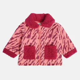 MINI KLUB Cotton Knit Full Sleeves Abstract Printed Textured Pocket Detailed Jacket - Coral-picture-16