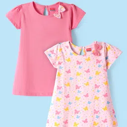 Babyhug Single Jersey Knit Half Sleeves Solid & Butterfly Printed Dresses With Bow Applique Pack of 2 - Dark & Light Pink-picture-34