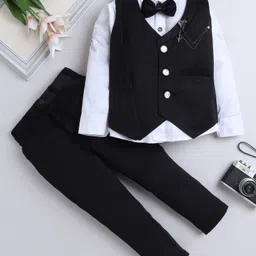 Fourfolds Full Sleeves Embellished Shirt With Waistcoat Trousers & Bow Set - Black-picture-13
