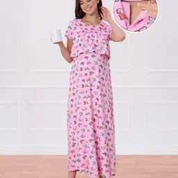 Bella Mama Cotton Knit Half Sleeves Butterfly Printed Maternity Nursing Nighty With Concealed Zipper - Pink-image-38