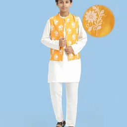 Pine Kids Cotton Woven Full Sleeves Kurta Pajama Set With Floral Embroidered Jacket - White-picture-24