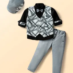 Radutu Full Sleeves Abstract Printed 3 Piece Party Suit Set With Bow & Cap Set - Light Blue & Black image 1