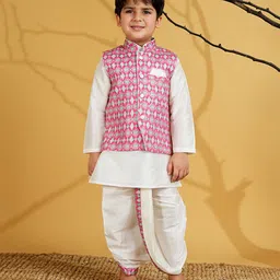 AJ Dezines Silk Blend Woven Full Sleeves Solid Kurta & Dhoti With Geometric Printed Jacket Set - Pink-picture-13