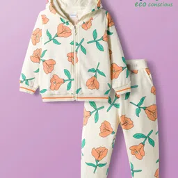 Babyoye 100% Cotton Knit Full Sleeves Winter Wear Hooded Sweatshirt & Joggers Set with Floral Print - White-picture-16