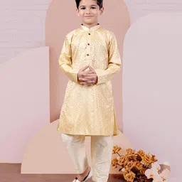 Pehanaava Cotton Woven Full Sleeves Abstract Foil Printed Kurta Pyjama Set - Gold-picture-10