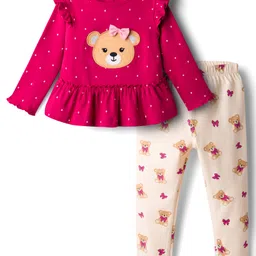 Babyhug Single Jersey Knit Full Sleeves Top & Leggings Set With Teddy Print Patch & Frill Detailing - Dark Pink & Beige-picture-20