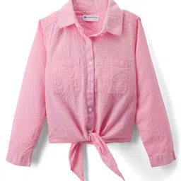 kookie kids india Kookie Kids Woven Crushed Cotton Full Sleeves Collared Shirt Top with Knot - Pink-picture-37