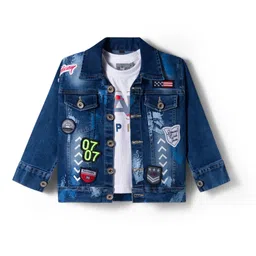 Dapper Dudes Full Sleeves Mild Washed & Numericals Patch Detailed Jacket With Tee Set - Dark Blue-picture-20