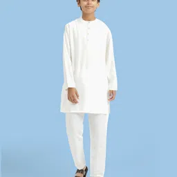 Pine Kids Cotton Woven Full Sleeves Kurta Pajama Set With Floral Embroidered Jacket - White image 2