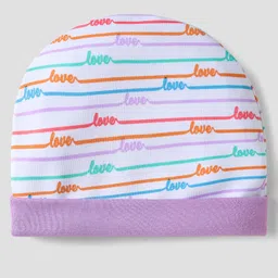 Babyhug 100% Cotton Cap Mittens And Booties With Stripes & Love Printed Lilac -Diameter 14 cm image 2