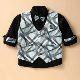 Radutu Full Sleeves Abstract Printed 3 Piece Party Suit Set With Bow & Cap Set - Light Blue & Black image 2