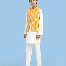 Pine Kids Cotton Woven Full Sleeves Kurta Pajama Set With Floral Embroidered Jacket - White image 3