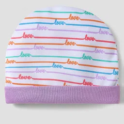 Babyhug 100% Cotton Cap Mittens And Booties With Stripes & Love Printed Lilac -Diameter 14 cm image 3