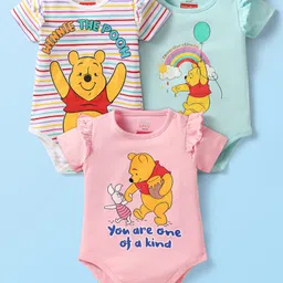 Babyhug Disney Interlock Knit Half Sleeves Onesies With Winnie The Pooh Graphics & Frill Detailing Pack of 3 - Pink Blue & White image 5