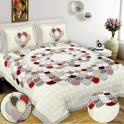 DGSM CRAFT Cream-Coloured & Multicoloured Geometric 144 TC King Bedsheet with 2 Pillow Covers-image-24