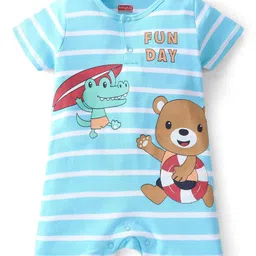 Babyhug 100% Cotton Knit Interlock Half Sleeves Romper with Striped & Animals Print - Blue-picture-14