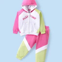 Babyhug Terry Cotton Knit Full Sleeves Text Printed Hooded Top & Jogger Pants Set - Pink & White-picture-25
