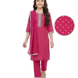 Pine Kids Woven Three Fourth Sleeves  Bandhani Foil Printed Kurta & Churidar Set with Dupatta & Floral Embroidery - Pink-picture-21