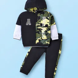 Babyhug Cotton Knit Full Sleeves Hooded T-Shirt & Lounge Pants Set With Text & Camouflage Print - Black & Olive Green-image-69