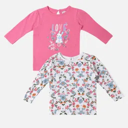 nautinati Nauti Nati Cotton Pack of 2 Full Sleeves Floral & Bunny Printed Tops - Pink & White image 1