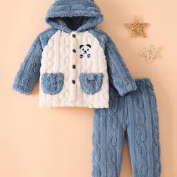 Mark & Mia Full Sleeves Winter Wear Hooded Night Suit With Panda Print & Cable Knit Design - Blue-picture-18