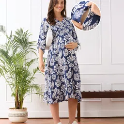Bella Mama Viscose Woven Three Fourth Sleeves Maternity Dress with Floral Print - Blue-picture-17