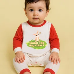 The Peppy Tend 100% Cotton Knit Full Sleeves Could I Be Any Cuter Text & Bunny Printed Romper - White & Red-picture-39