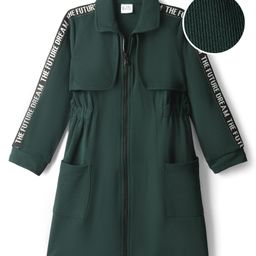 Hola Bonita Knit Full Sleeves Front Open Collar Neck Solid Color Dress with Future Dream Text Print - Dark Green-picture-18
