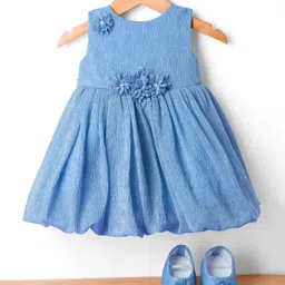 bluebell Blue Bell Net Woven Sleeveless Frock & Booties with Floral Corsage - Blue-picture-17
