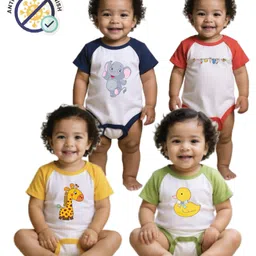COCOON ORGANICS 100% Cotton Knit Pack Of 4 Half Sleeves Animal & Bird Printed Onesies - White-picture-17