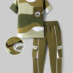 OLLINGTON ST. 100% Cotton Knit Half Sleeves Printed T-Shirt & Jogger Set - Multicolor & Olive Green-image-54