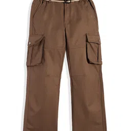 CAVIO Cotton Blend Woven Full Length Solid Cargo Pants With Belt Set - Brown-picture-26