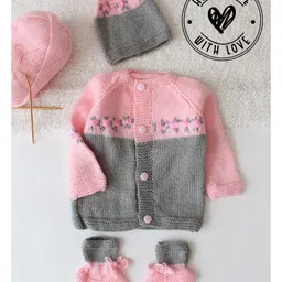 Woonie Hand Knit Full Sleeves Floral Embroidered Sweater With Cap & Booties Set - Pink-image-15