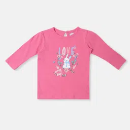 nautinati Nauti Nati Cotton Pack of 2 Full Sleeves Floral & Bunny Printed Tops - Pink & White image 3