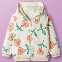 Babyoye 100% Cotton Knit Full Sleeves Winter Wear Hooded Sweatshirt & Joggers Set with Floral Print - White image 2